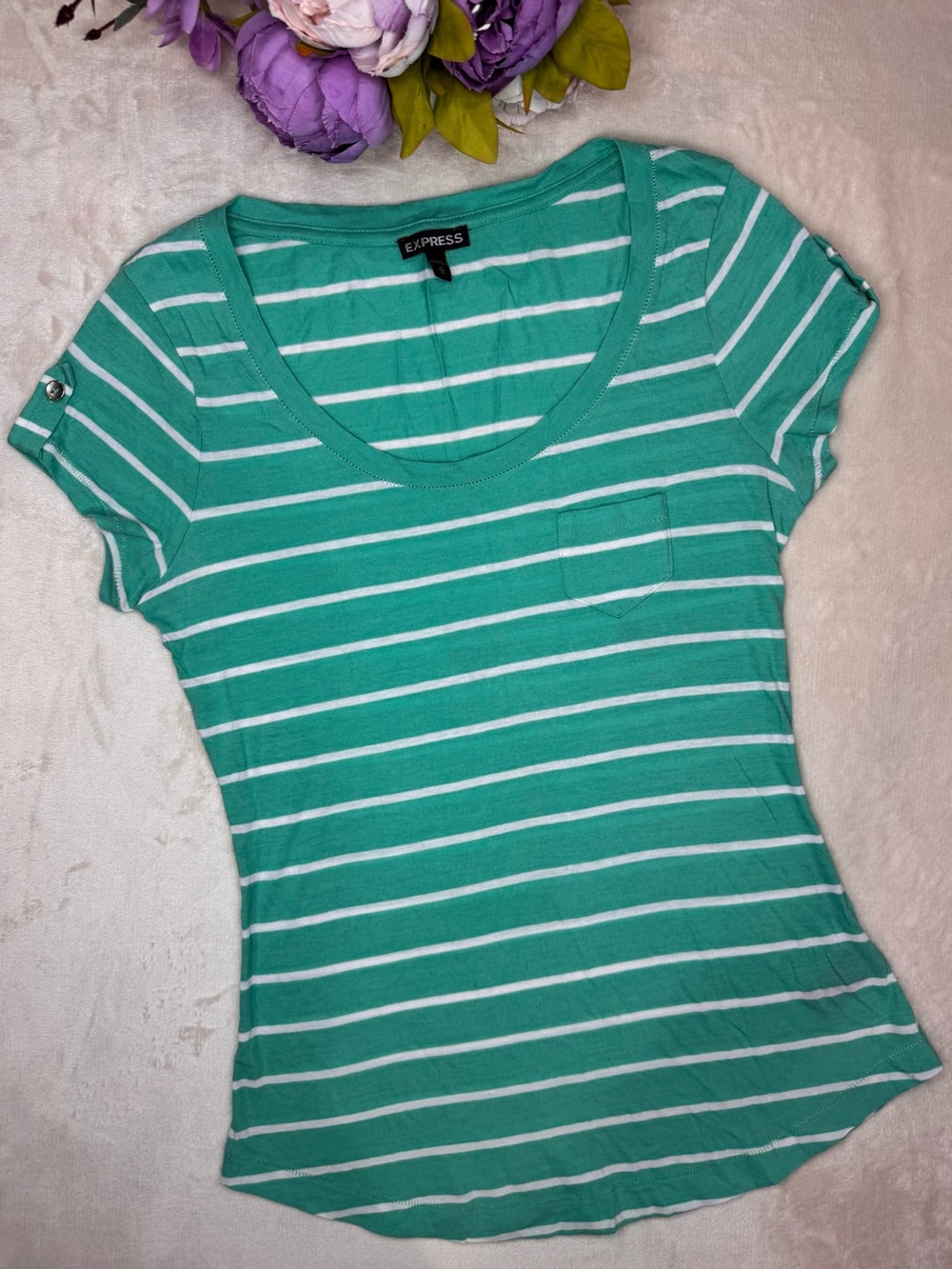 Express Green and White Striped Scoop Neck Tee